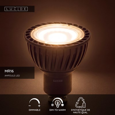 Lucide MR16 - Ampoule led - Ø 5 cm - LED Dim to warm - GU10 (MR16) - 1x5W 2200K/3000K - Noir